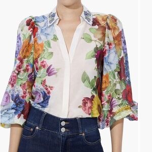 $395 Unworn Alice + Olivia Roanne Placed Floral Silk Cotton Button Up Blouse Top